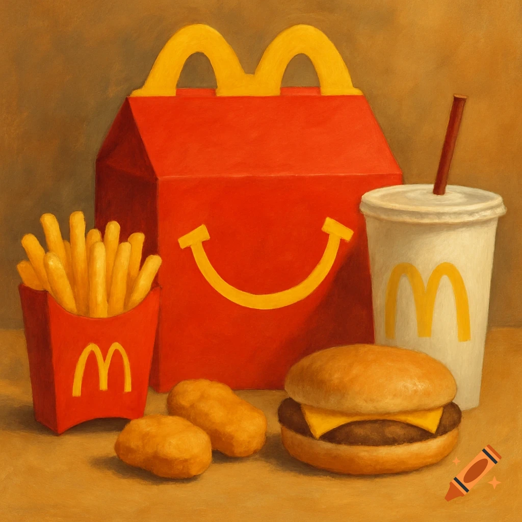 A painterly still life of a McDonald's Happy Meal, including a red box, fries, nuggets, a cheeseburger, and a drink.