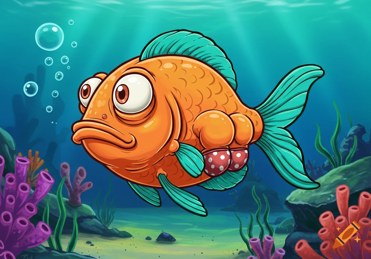 A cartoon orange fish with a big human-like butt in red polka-dot swim trunks swims in a colorful underwater scene.