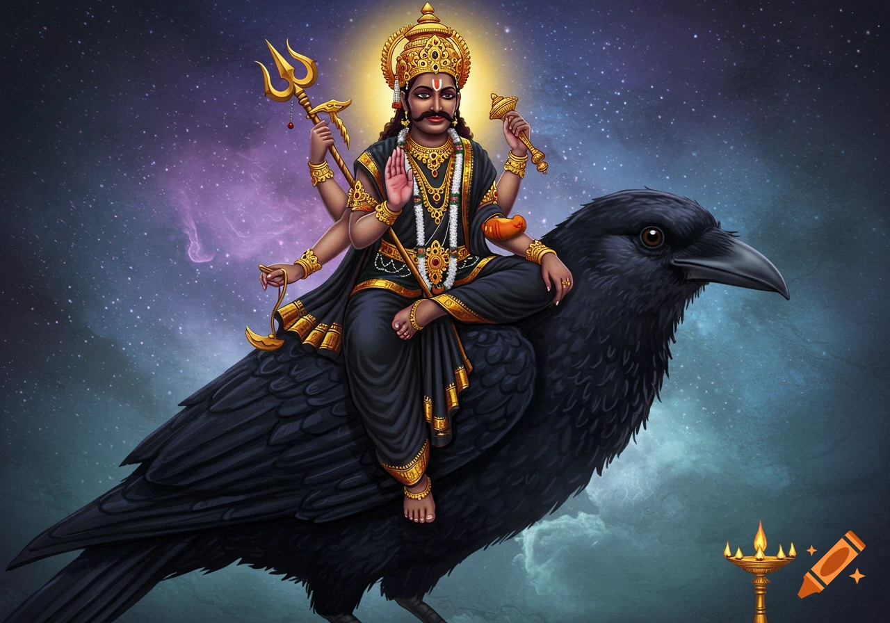Lord Shani Deva, a Hindu deity with multiple arms, sits on a large black crow against a starry cosmic background.