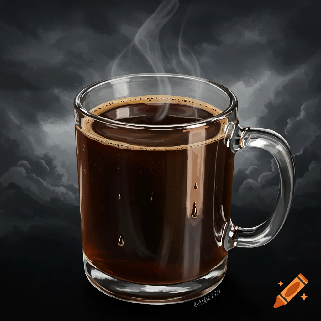 A clear glass mug of hot, dark coffee with steam rising against a stormy, cloudy dark background in an illustration style.