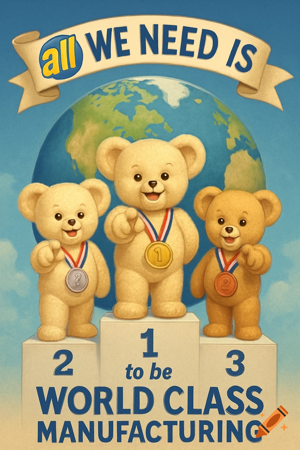 Three teddy bears, wearing gold, silver, and bronze medals, stand on a 1st, 2nd, and 3rd place podium, pointing forward. A globe is behind them, and a banner above reads "All WE NEED IS". Text at the bottom reads "to be WORLD CLASS MANUFACTURING" with 2, 1, 3 on the podium steps.