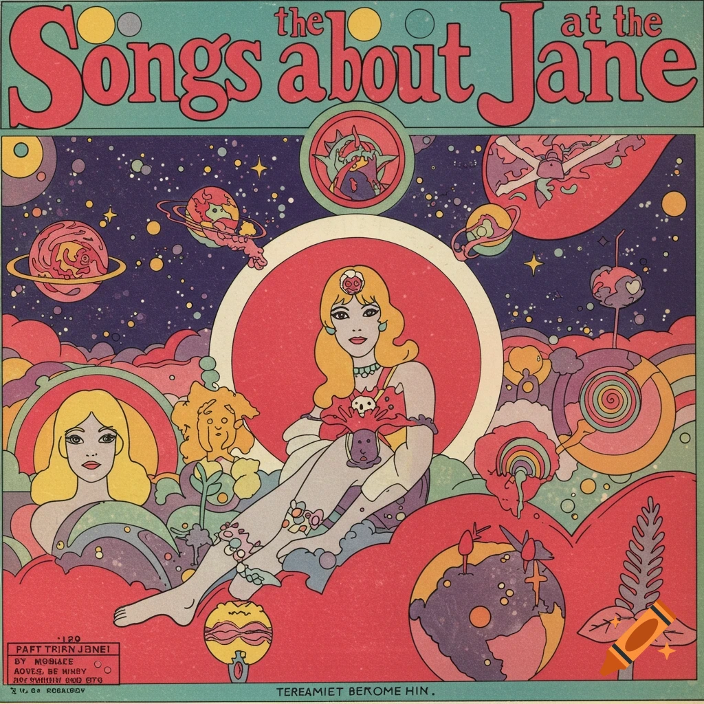 A retro 1960s psychedelic album cover featuring a blonde woman in a cosmic setting with planets and abstract shapes, done in a bold, flat-color style with text "the Songs about Jane" at the top.