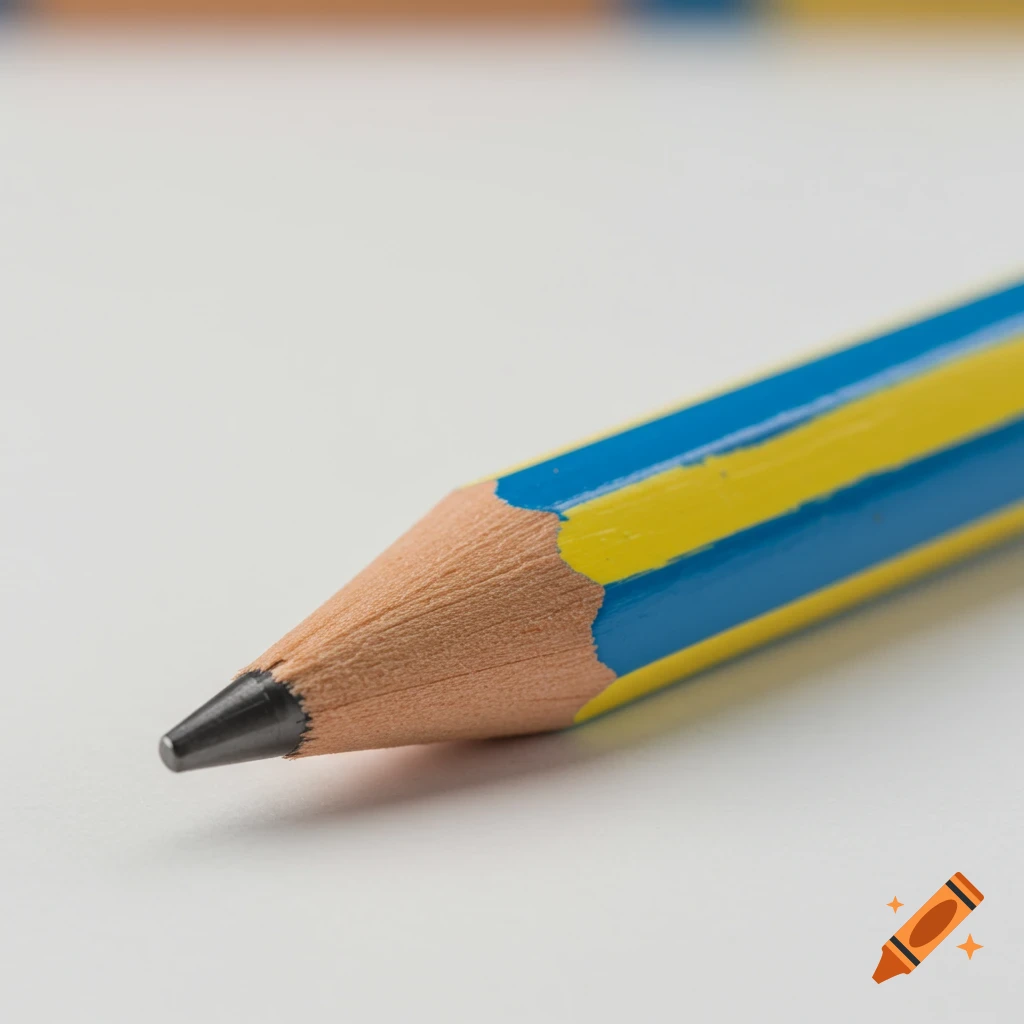 Close-up shot of a sharpened yellow and blue striped pencil with a black lead tip, lying on a white surface.