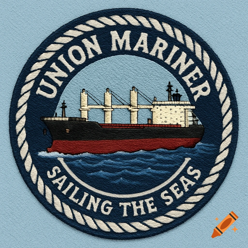 Circular embroidered patch featuring a bulk carrier ship on blue waves, with 'UNION MARINER' text above and 'SAILING THE SEAS' below, all encircled by a rope border on a light blue background.