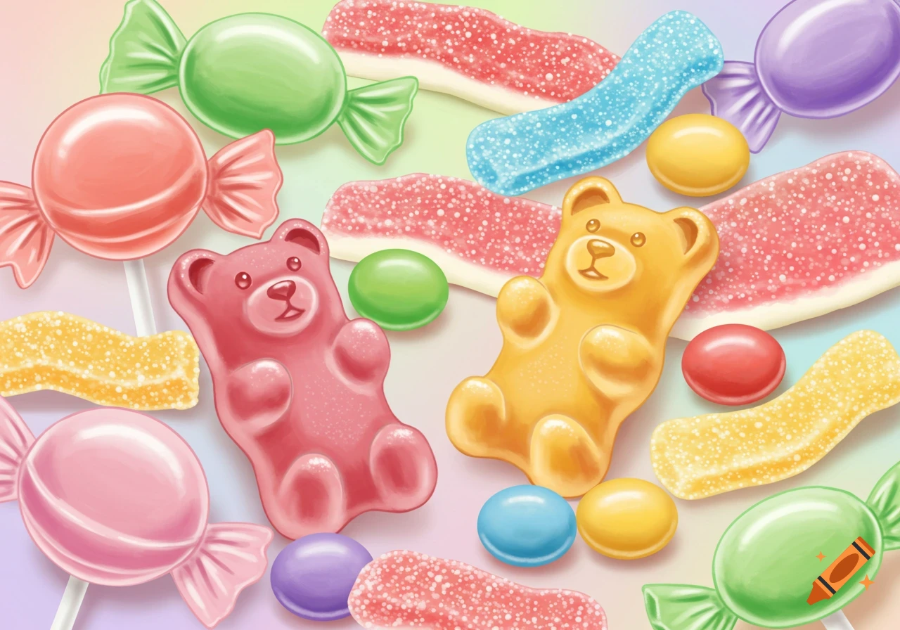 A colorful assortment of candies including pink and yellow gummy bears, green, pink, and purple wrapped hard candies, red lollipops, and various colors of sour sugar-coated candy strips, all on a pastel background.