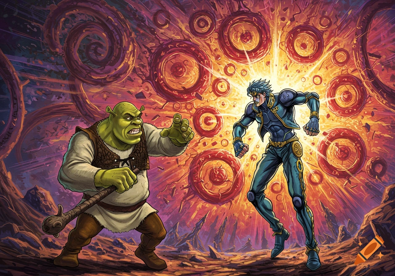 Shrek and Dio from JoJo's Bizarre Adventure in a dynamic comic art style illustration, ready to fight against a backdrop of glowing runic circles.