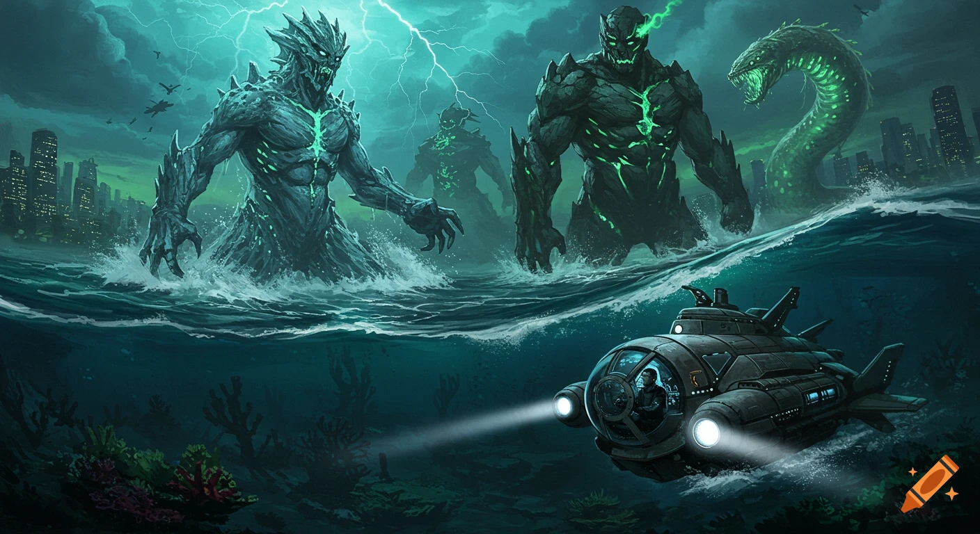 A futuristic submarine navigates a stormy ocean as gigantic, glowing monsters rise from the depths before a distant city, in an epic digital painting.
