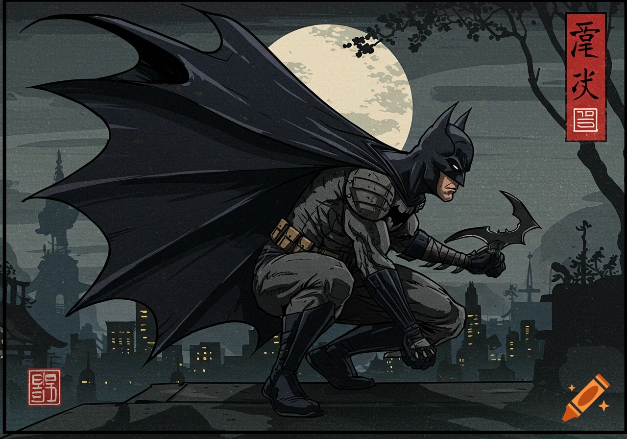 Batman crouches on a rooftop at night, holding a batarang, against a city skyline and full moon in a Japanese art style.