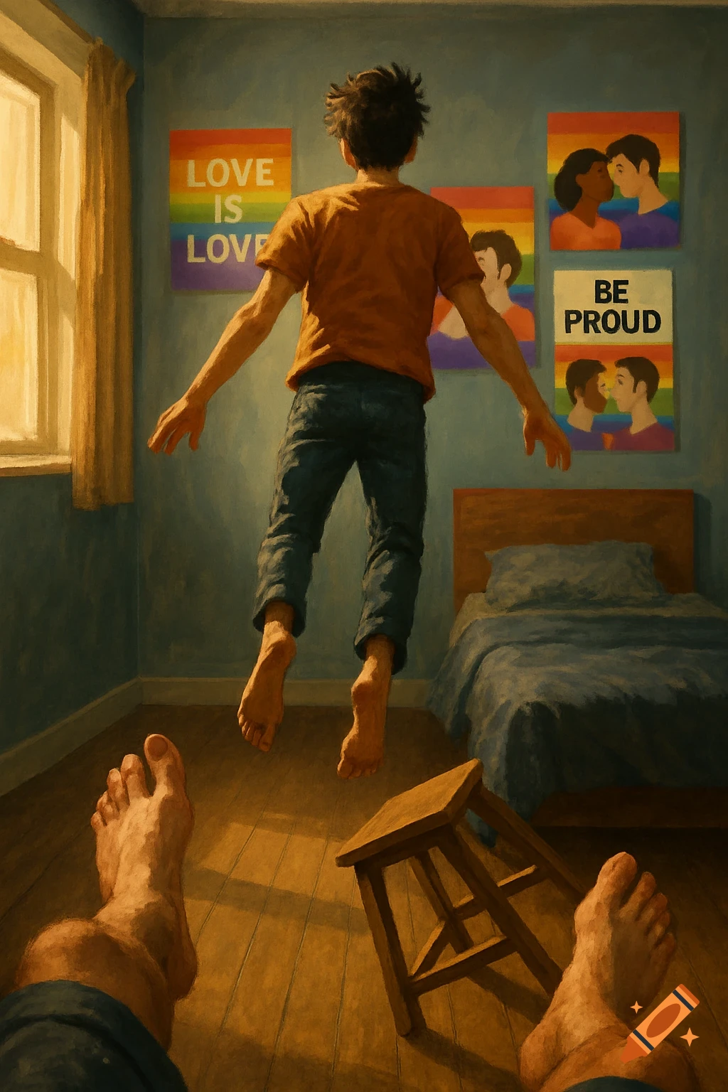 A painting shows a person floating in a bedroom with LGBTQ+ posters on the wall and a stool knocked over.