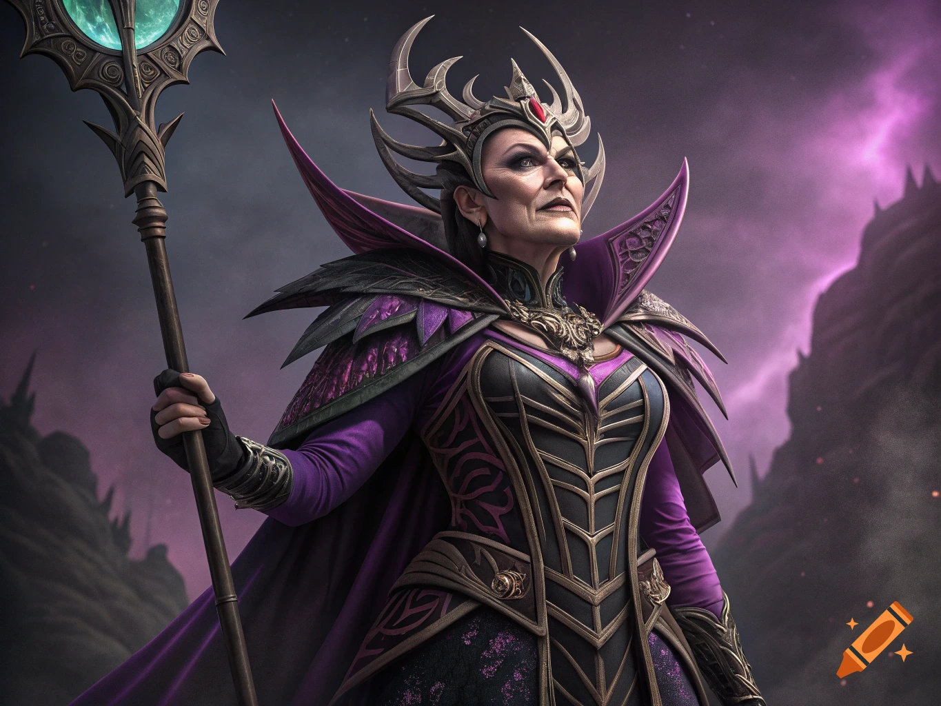 A woman in an elaborate black and purple fantasy villain costume and crown, holding a staff, looks upwards against a dark, stormy sky.