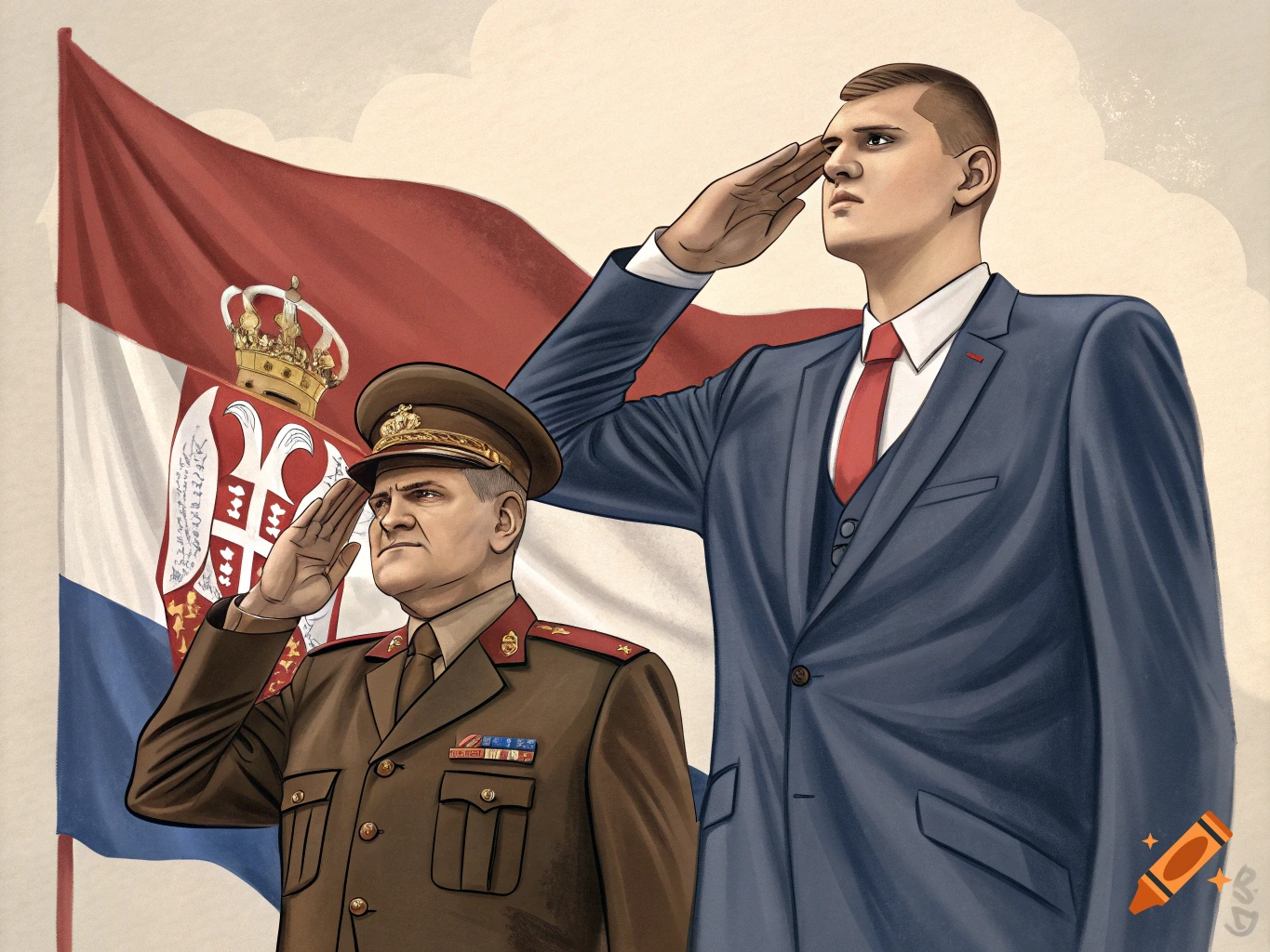 Illustration of two men, one in military uniform and one in a suit, saluting in front of the Serbian flag.
