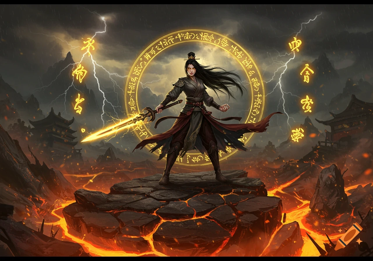 A powerful female cultivator with a glowing sword stands on a shattered mountain, surrounded by ancient golden sigils and lightning in a dark, stormy sky, in a Chinese fantasy style.