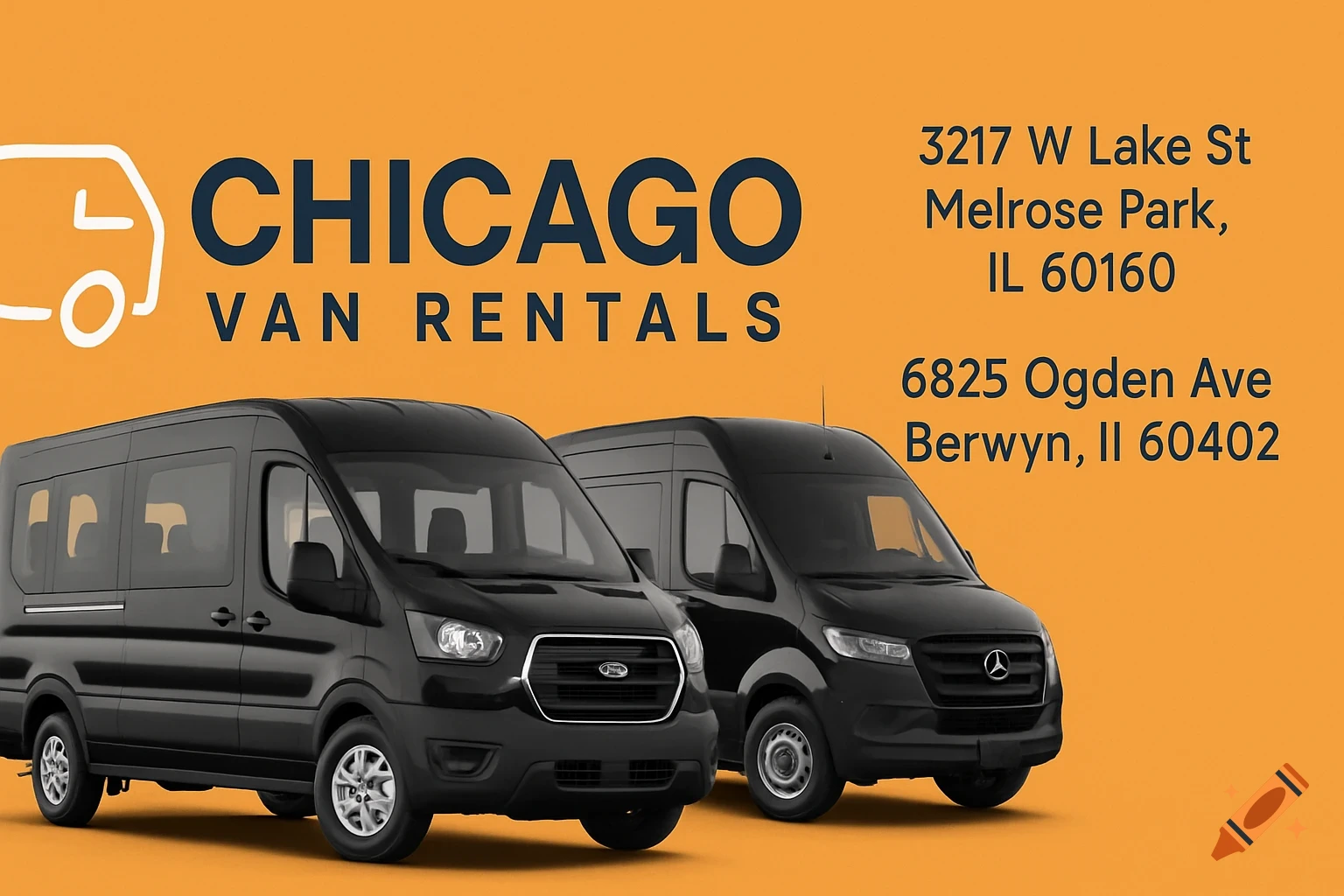 Two black vans, a Ford Transit and a Mercedes-Benz Sprinter, on an orange background with 'Chicago Van Rentals' text and addresses.