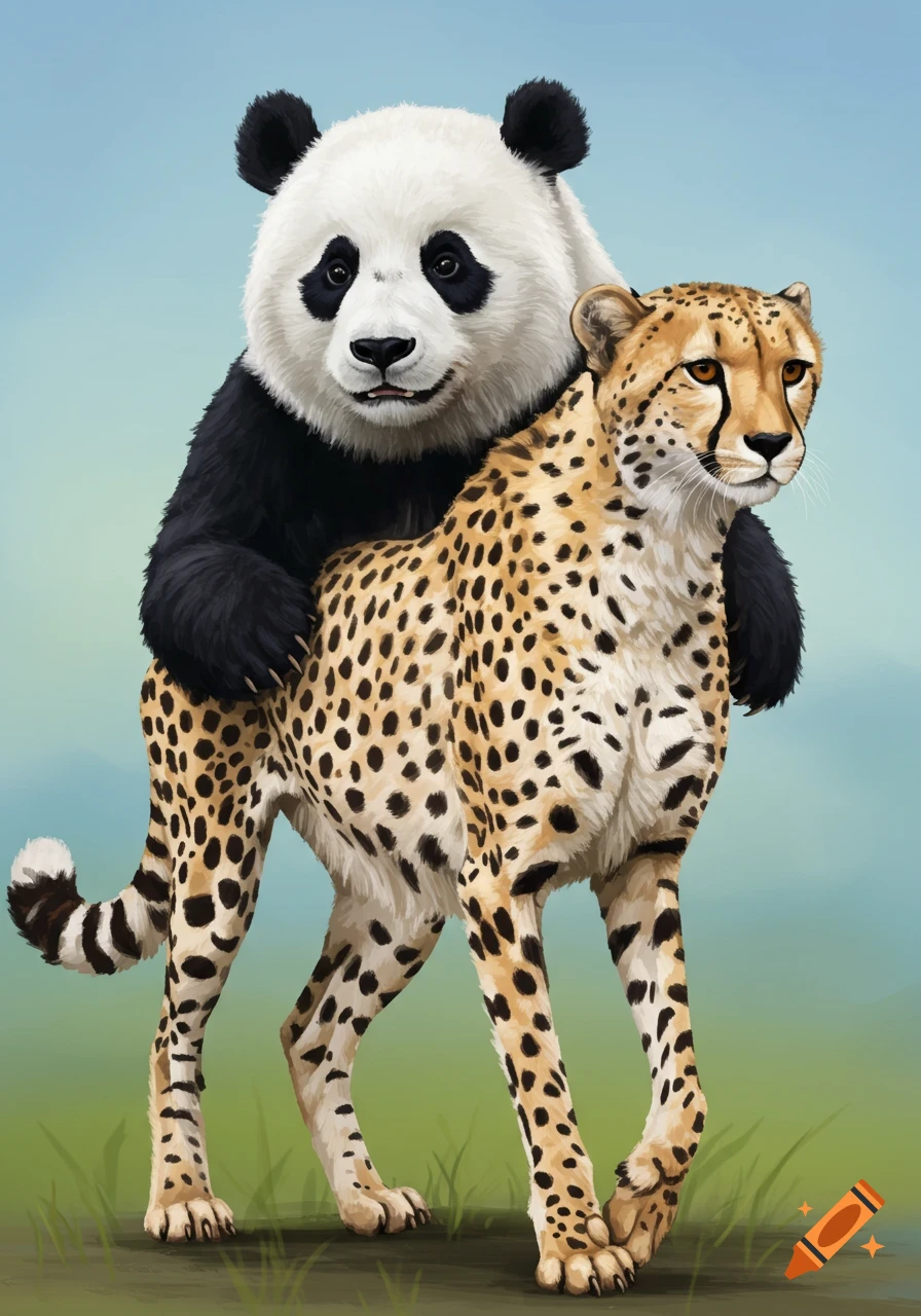 A panda with its paws wrapped around the back of a cheetah, appearing to ride it, against a blue and green background.