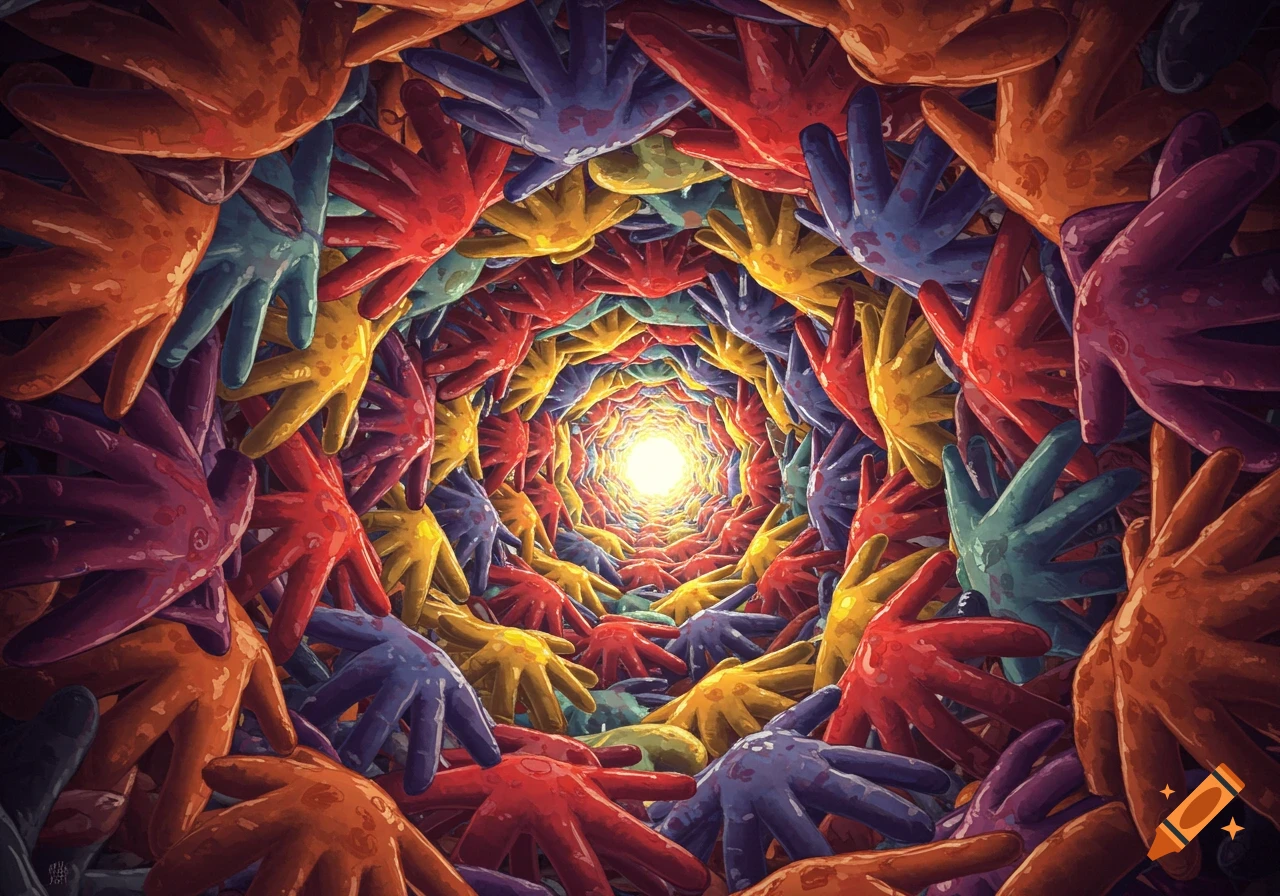 A vibrant, colorful abstract tunnel formed by numerous stylized hands or gloves in red, blue, purple, yellow, and orange leading to a bright center.