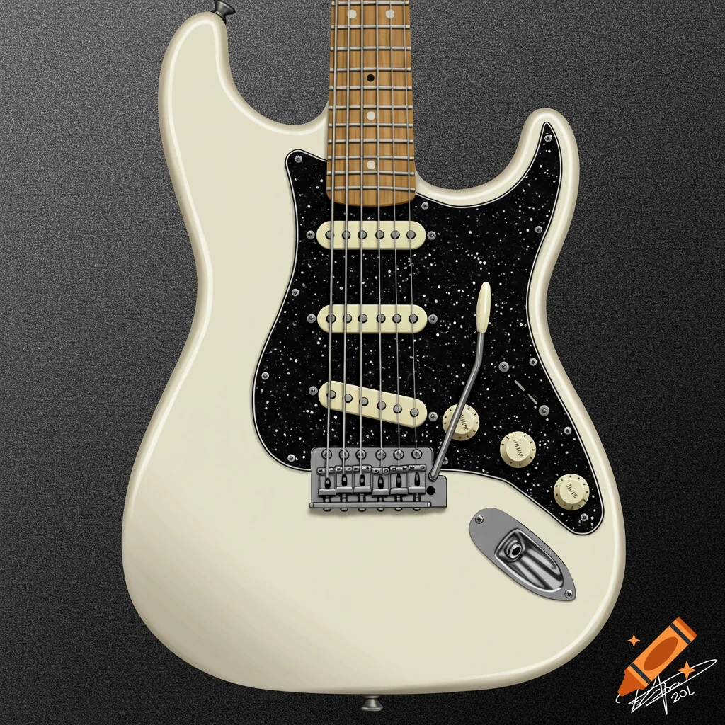 An illustration of a white electric guitar with a black speckled pickguard and a rosewood fretboard.