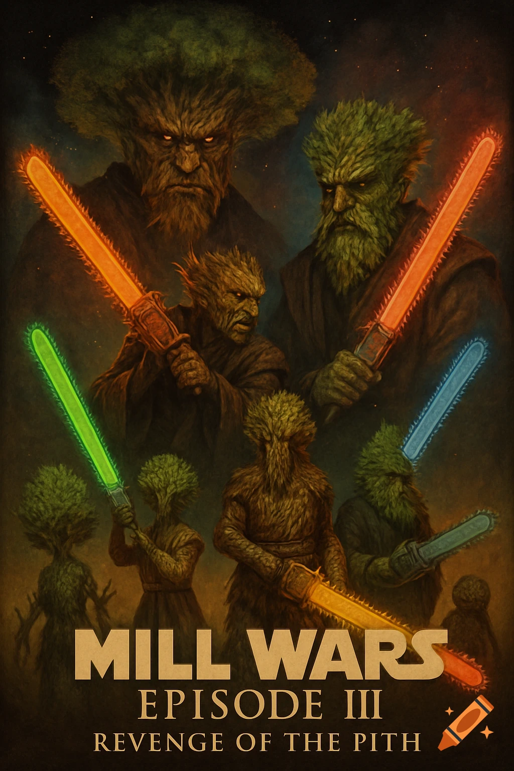Movie poster for Mill Wars Episode III featuring humanoid tree characters holding glowing chainsaws against a dark, starry background.