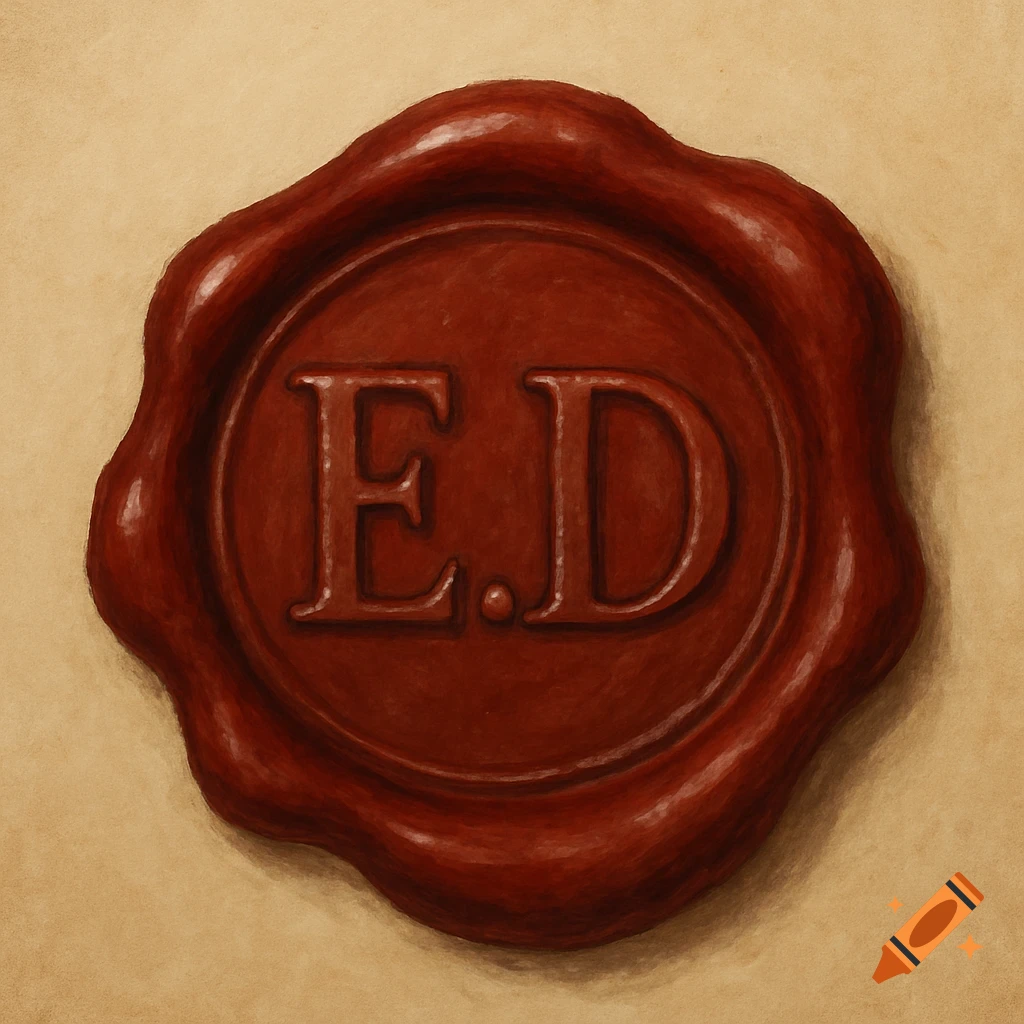 A red wax seal with the letters 'E.D' embossed on a light brown paper background.
