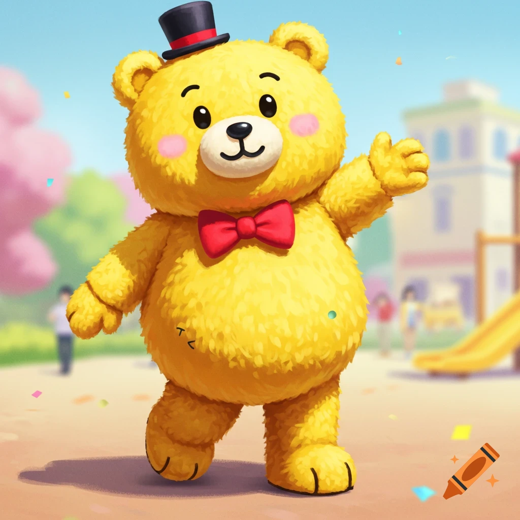 A cute, yellow cartoon bear wearing a black top hat and a red bowtie waves in a sunny park with a playground in the background.