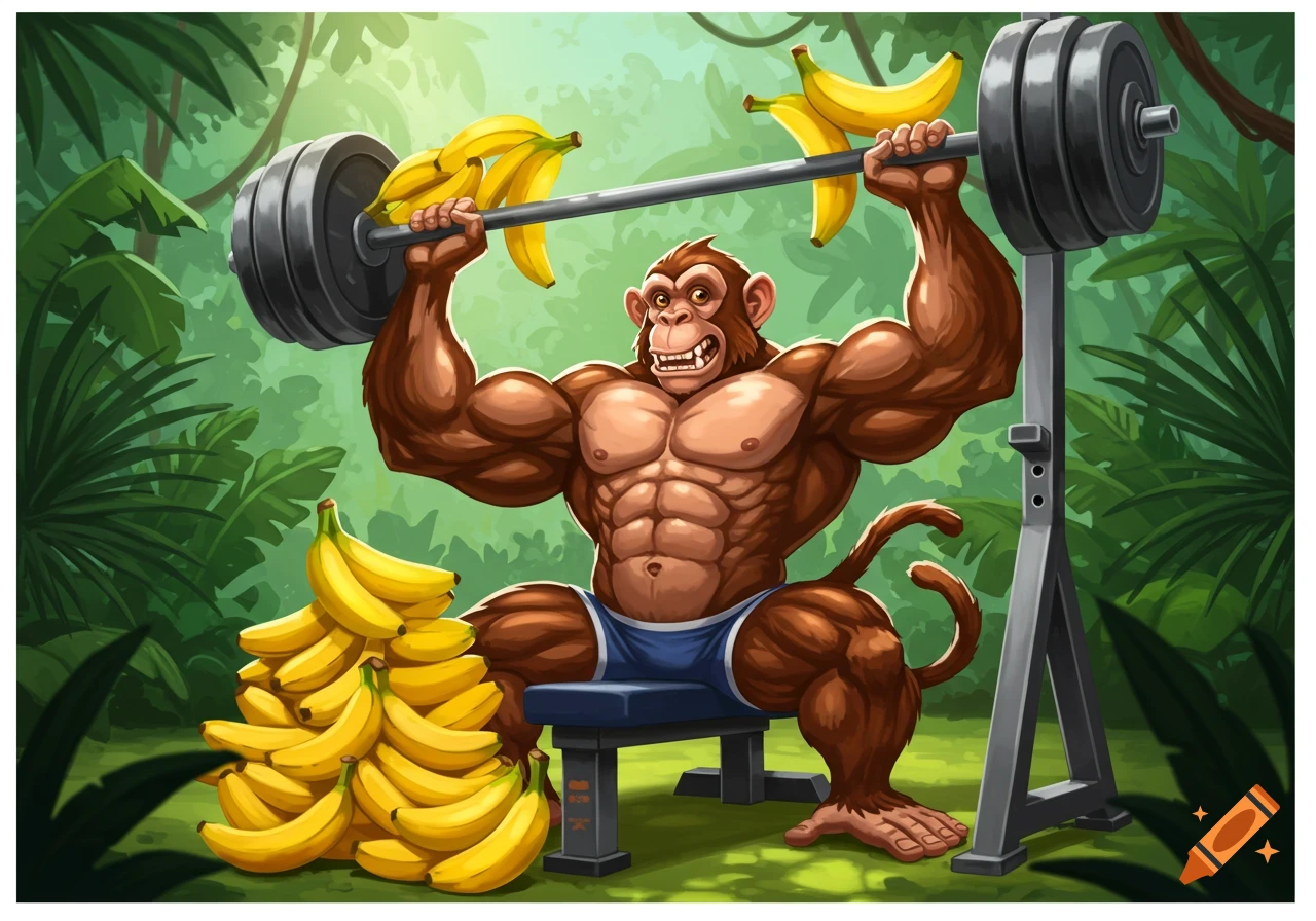 Cartoon muscular monkey bench-pressing banana weights in a jungle.