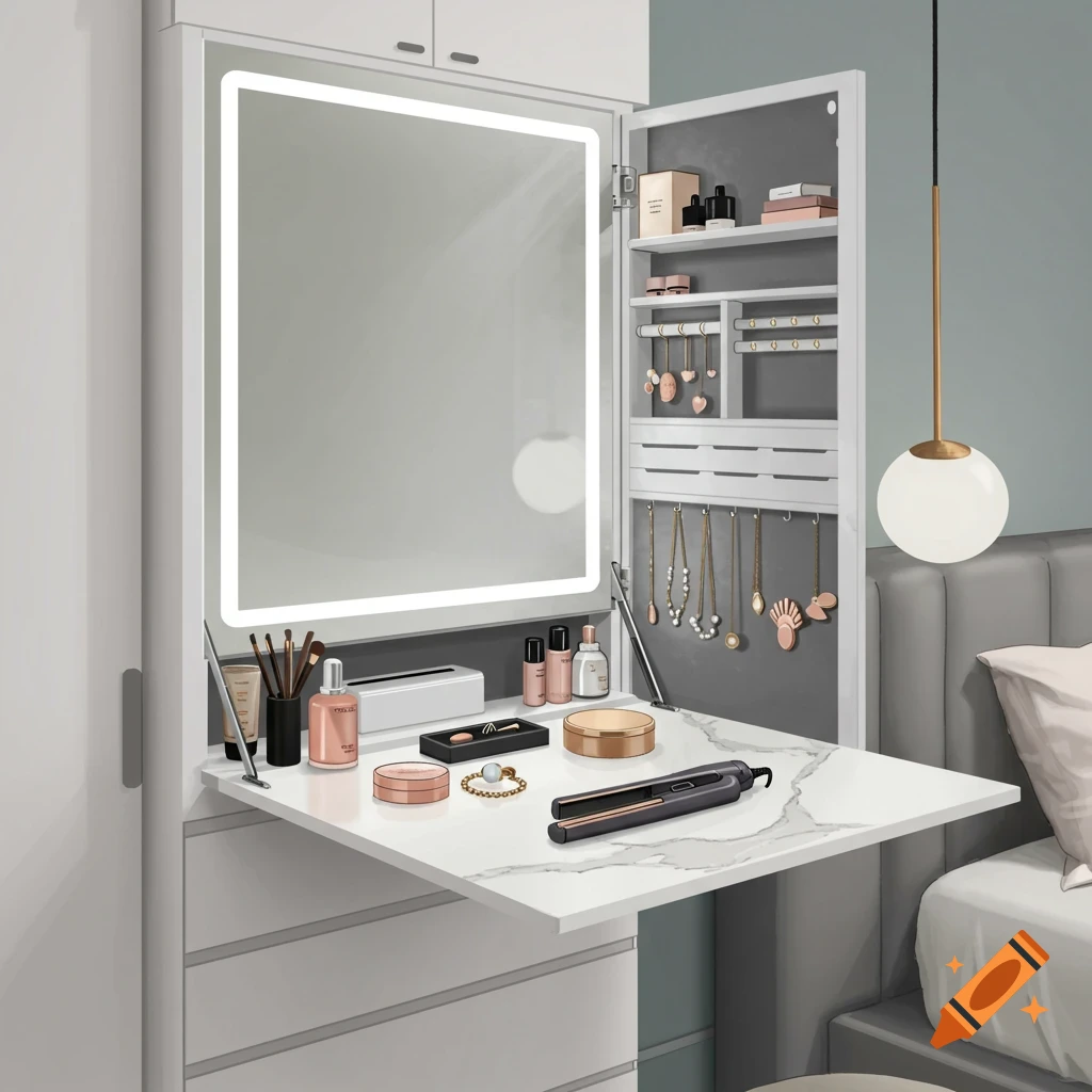 A pull-down modern white vanity unit with a lighted mirror, makeup, and jewelry storage in a bedroom.