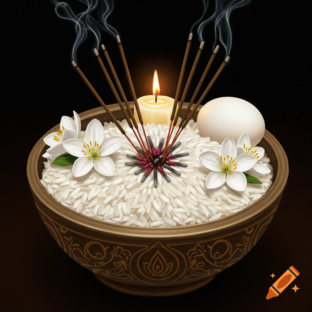 A close-up of a brown bowl filled with white rice, featuring white flowers, smoking incense sticks, a lit candle, and a white egg.