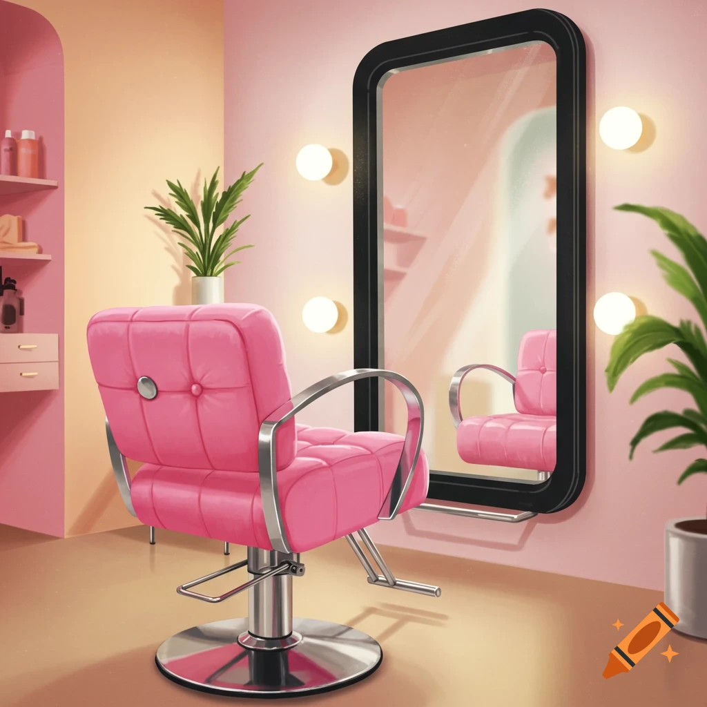 A bright pink salon chair in a vibrant salon interior with a large mirror and warm lighting.