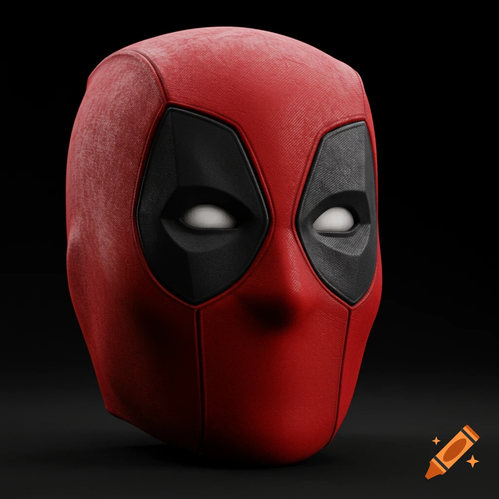 A detailed, realistic render of a red and black Deadpool mask on a dark background.