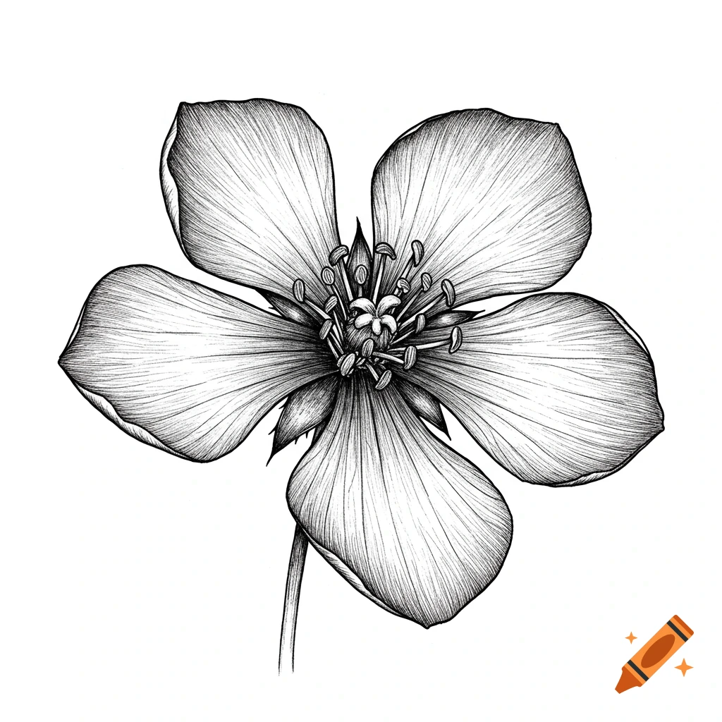 Black ink sketch of a five-petaled wildflower with prominent stamen on a white background.
