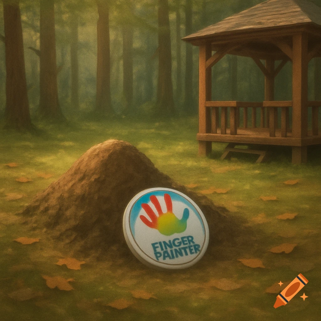 A colorful Finger Painter badge lies on a small dirt mound in a peaceful forest clearing near a wooden gazebo.