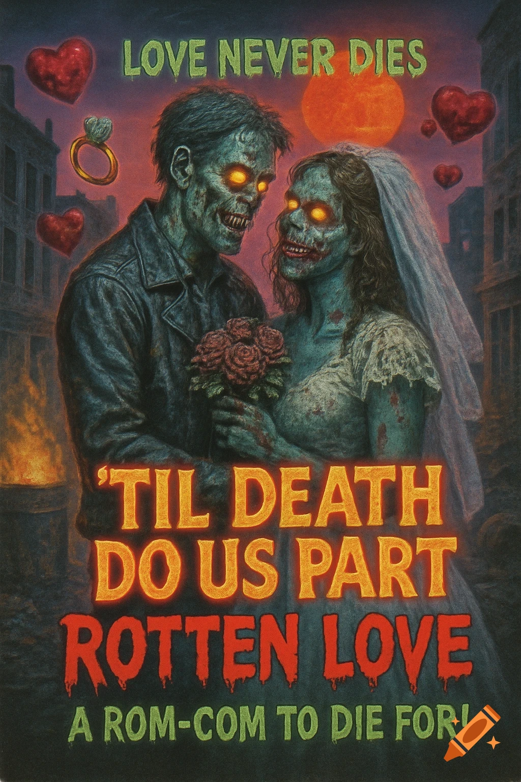 A stylized B-movie poster for a zombie rom-com, featuring a zombie couple embracing with glowing eyes, surrounded by floating hearts and text. The man wears a leather jacket, the woman a ripped wedding dress.
