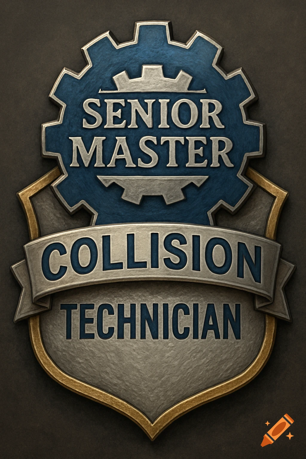 A metallic badge with a gear and shield design, featuring the text 'SENIOR MASTER COLLISION TECHNICIAN'.