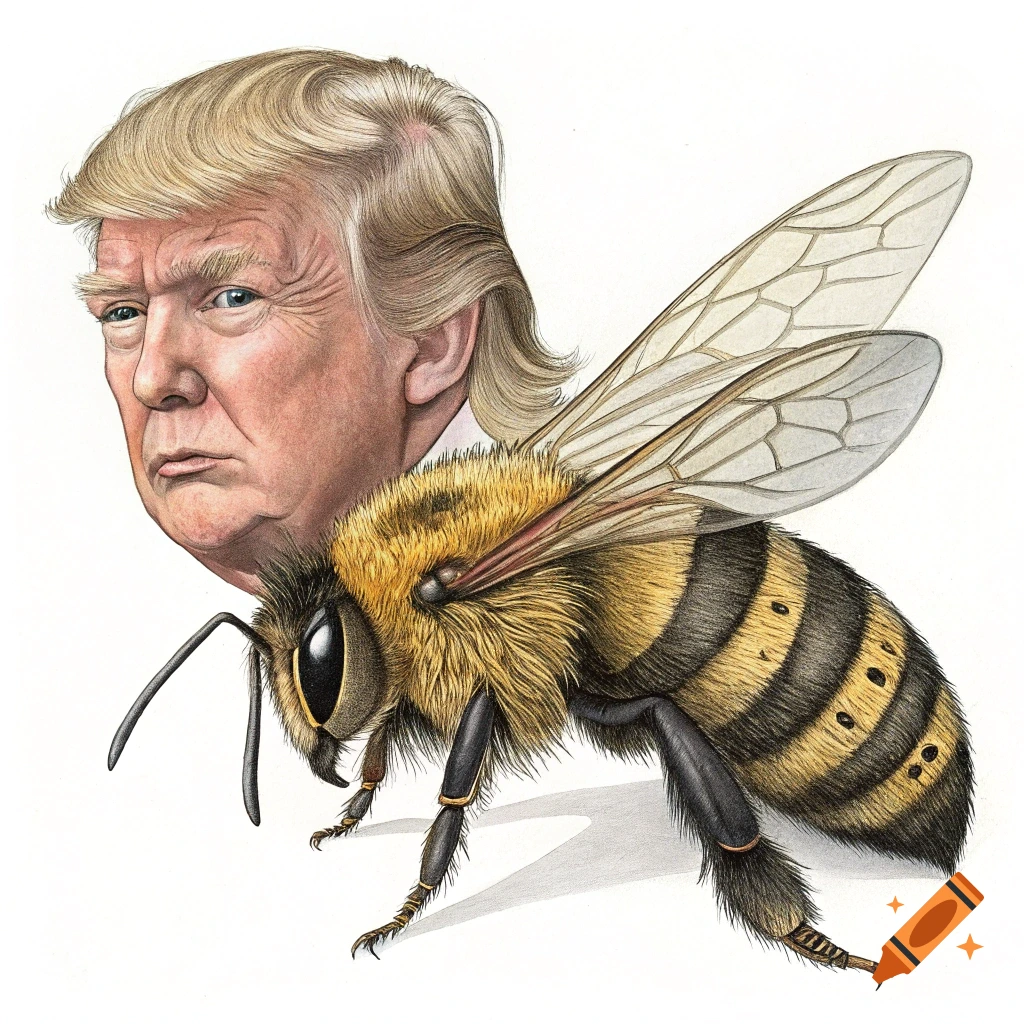 Caricature of Donald Trump's face merged with the body of a bee on a white background, in a detailed illustrative style.
