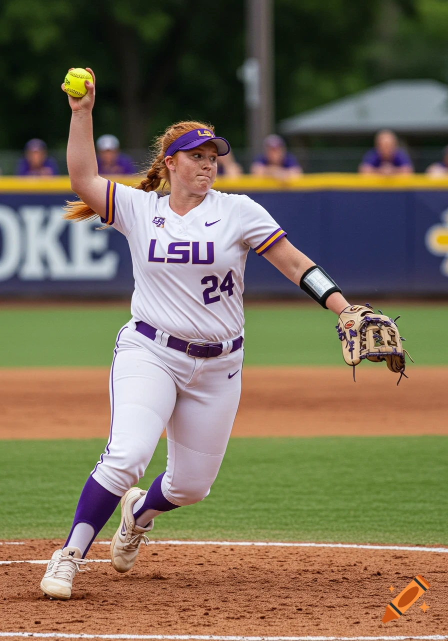 A female softball player in a white and purple LSU uniform pitches a ball on a dirt mound during a game.