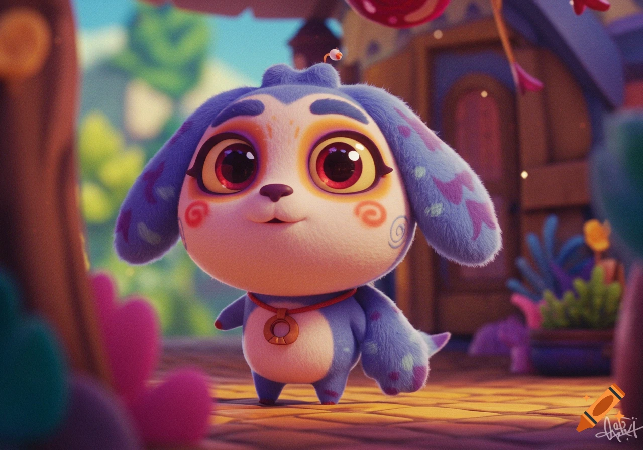 A cute, fluffy blue cartoon creature with large red eyes and colorful patterns on its fur stands in a vibrant, whimsical setting.