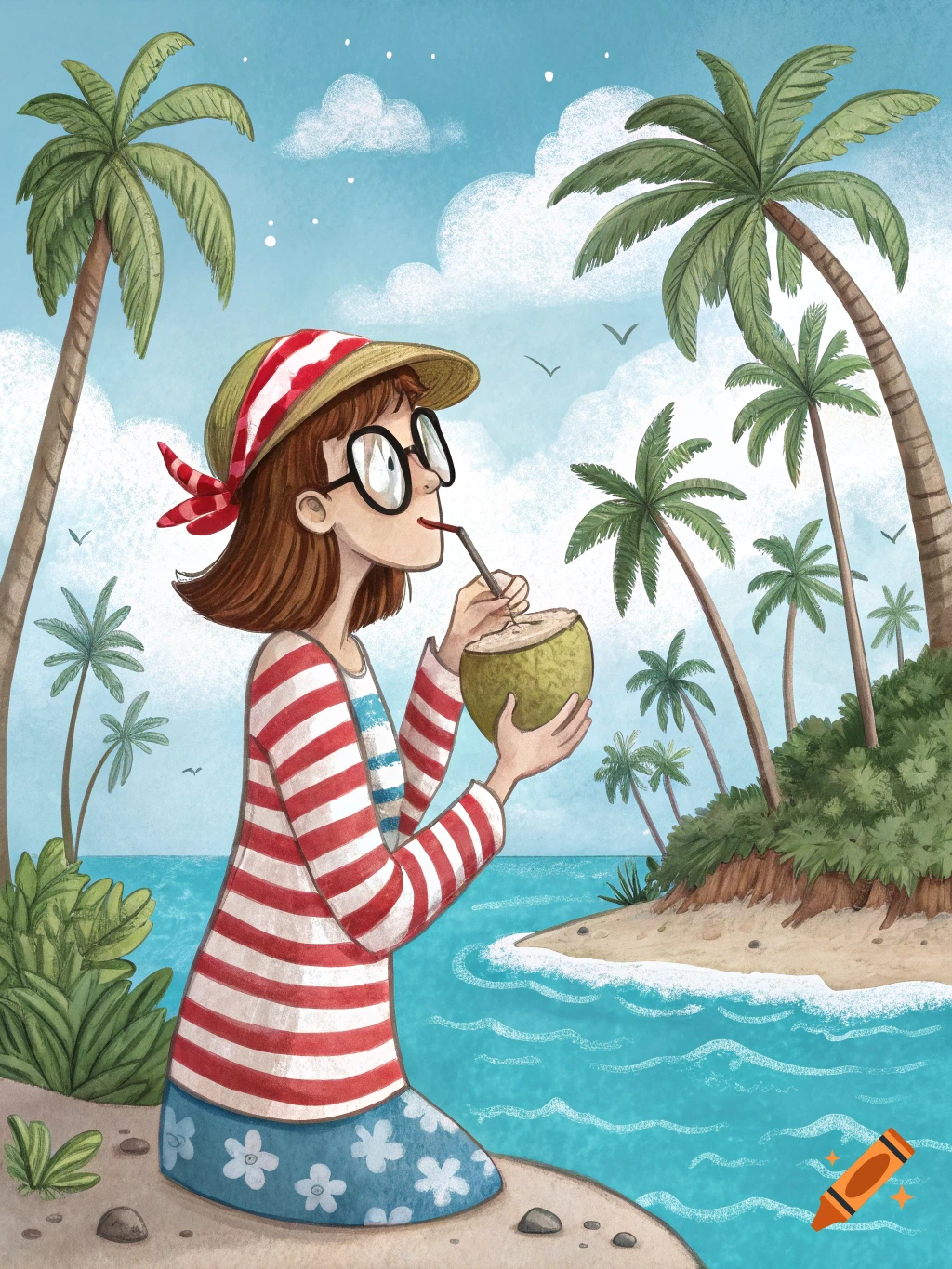 An illustration of a girl in a striped shirt and hat sipping from a coconut on a tropical beach with palm trees.