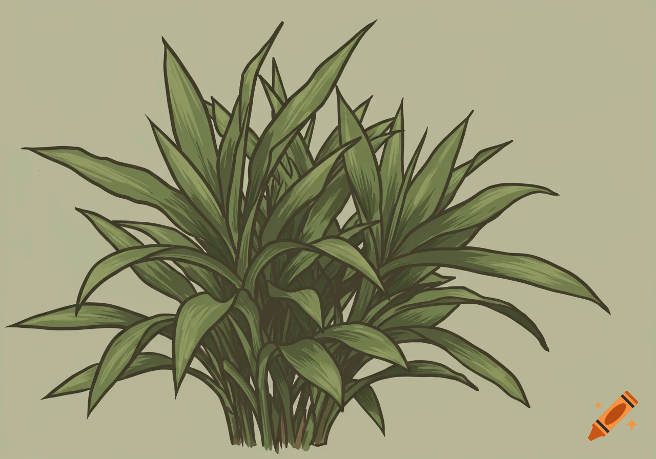 A 2-tone simple illustration of a bunch of Hawaiian ti plants with green leaves and dark outlines on a light background.