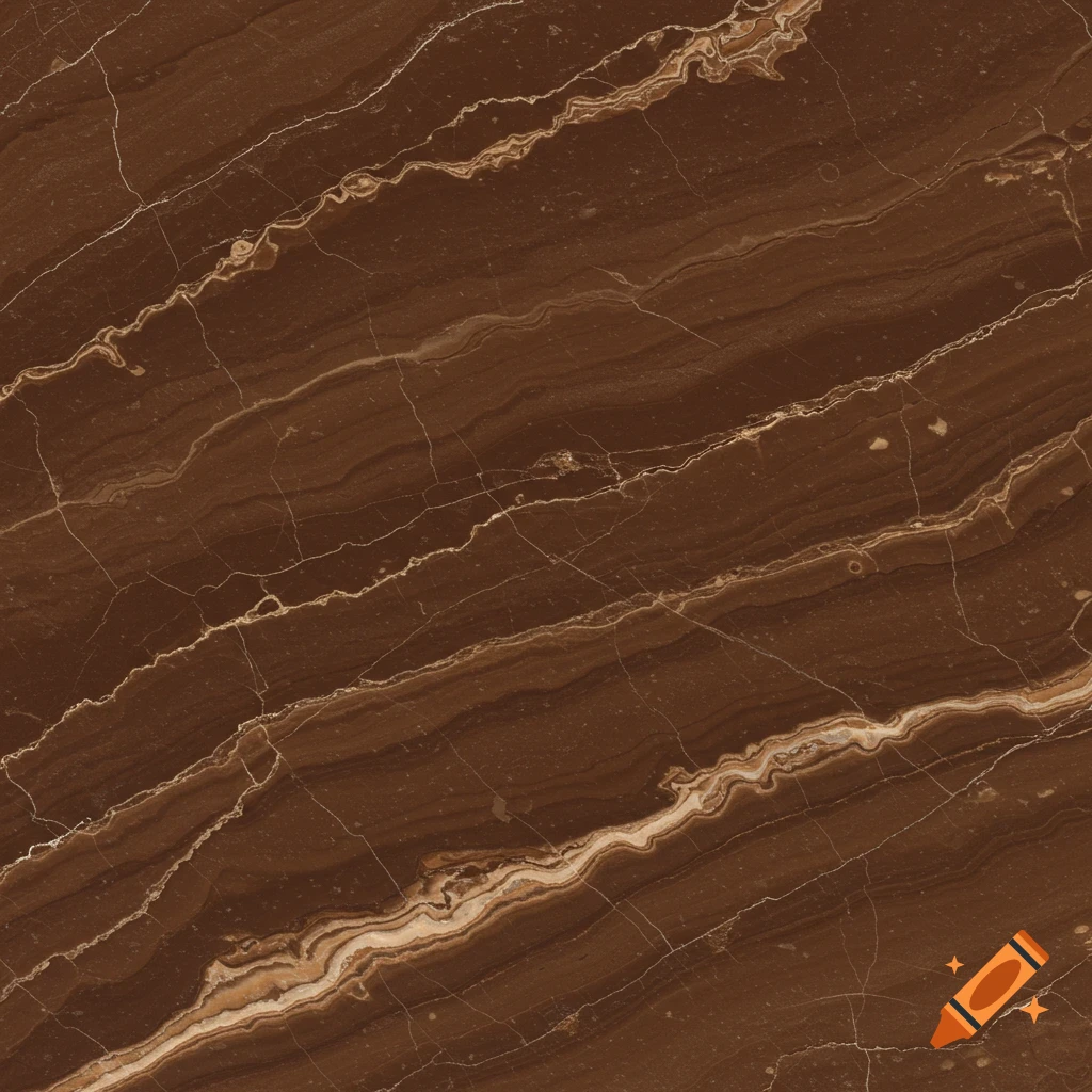 A close-up of chocolate brown marble with flowing white and light brown veins.