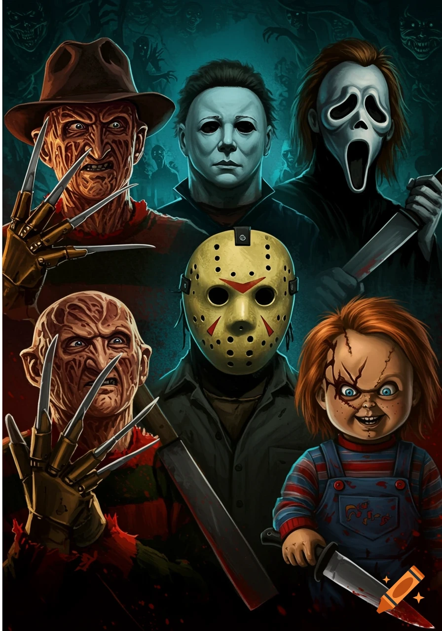Illustrated poster featuring horror movie villains Freddy Krueger, Jason Voorhees, Michael Myers, Ghostface, and Chucky.