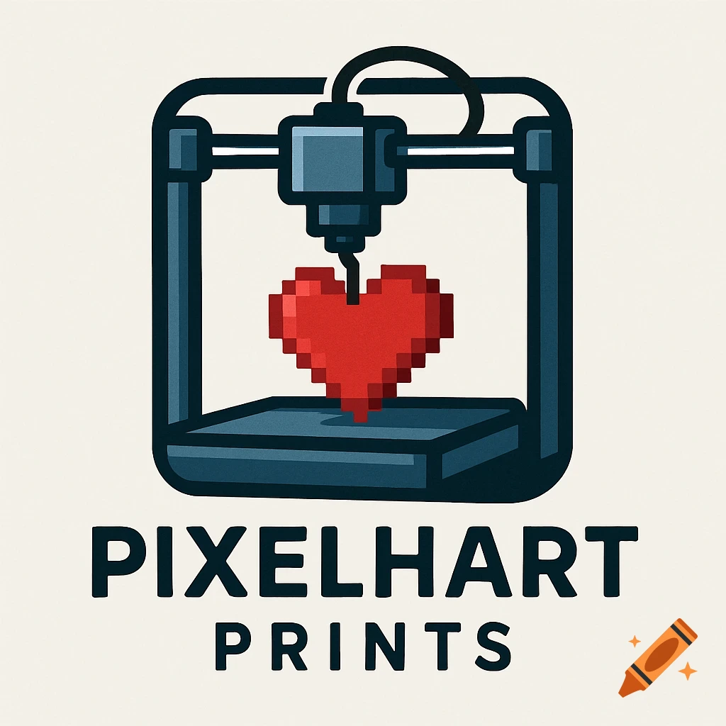 Logo for PixelHart Prints featuring a 3D printer creating a red pixel art heart.