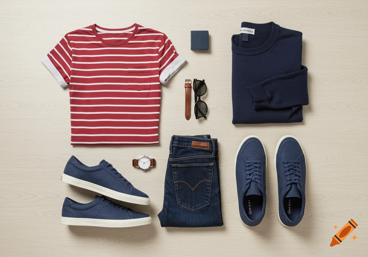 Flat lay of a stylish men's outfit: a red and white striped t-shirt, navy blue jumper, dark blue jeans, and blue sneakers with a watch and sunglasses.