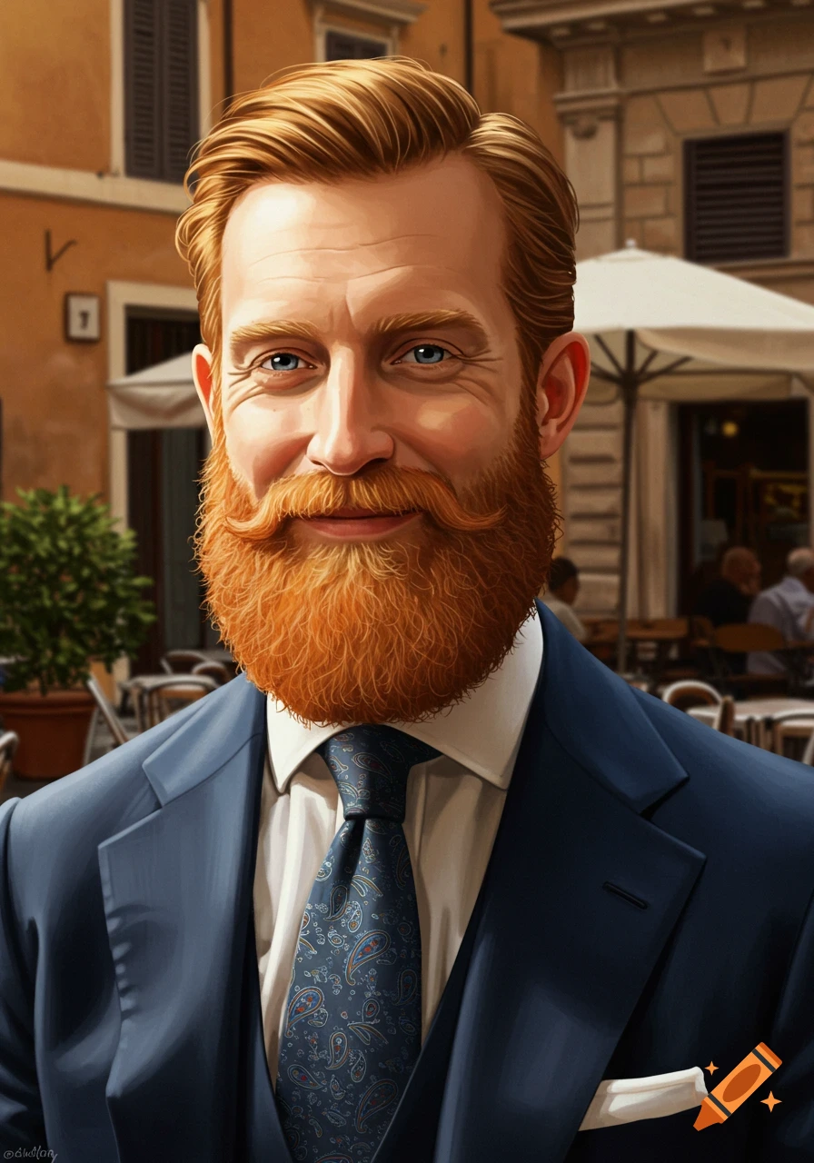 A handsome ginger man with a full red beard and mustache, wearing a blue suit and patterned tie, stands smiling in an outdoor cafe setting.