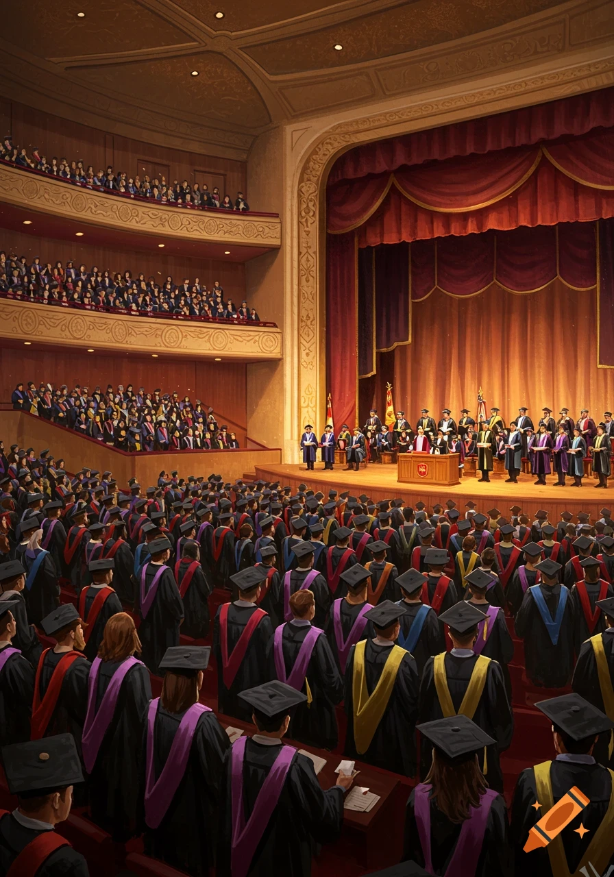 A grand convocation ceremony in a packed auditorium with graduates in caps and gowns facing a stage with officials.