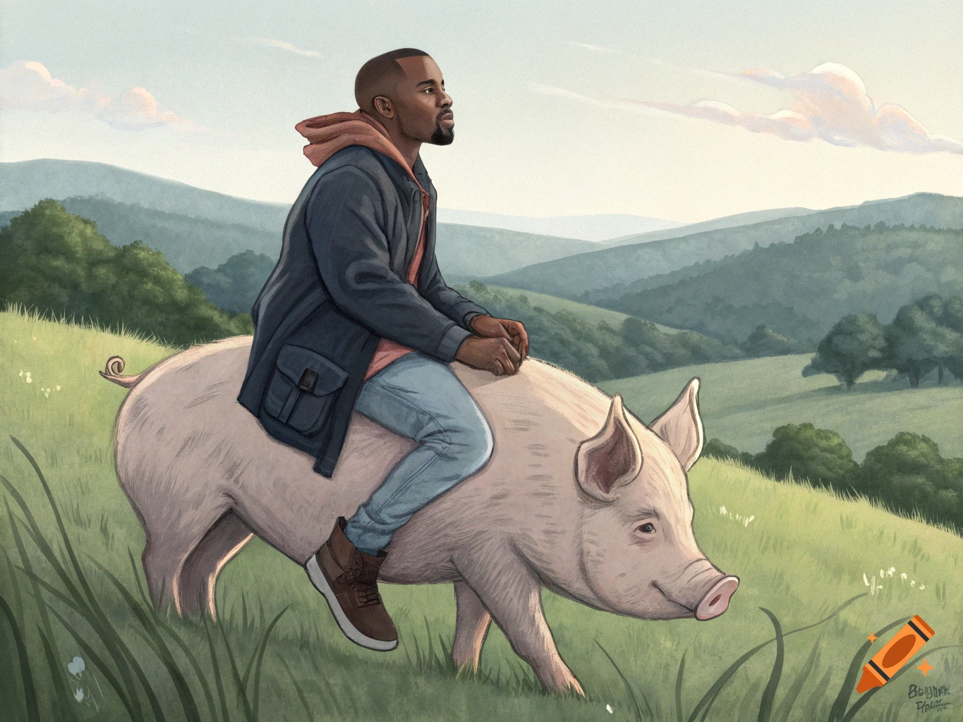 Illustration of Kanye West riding a large pig through a green, hilly landscape under a pale sky.