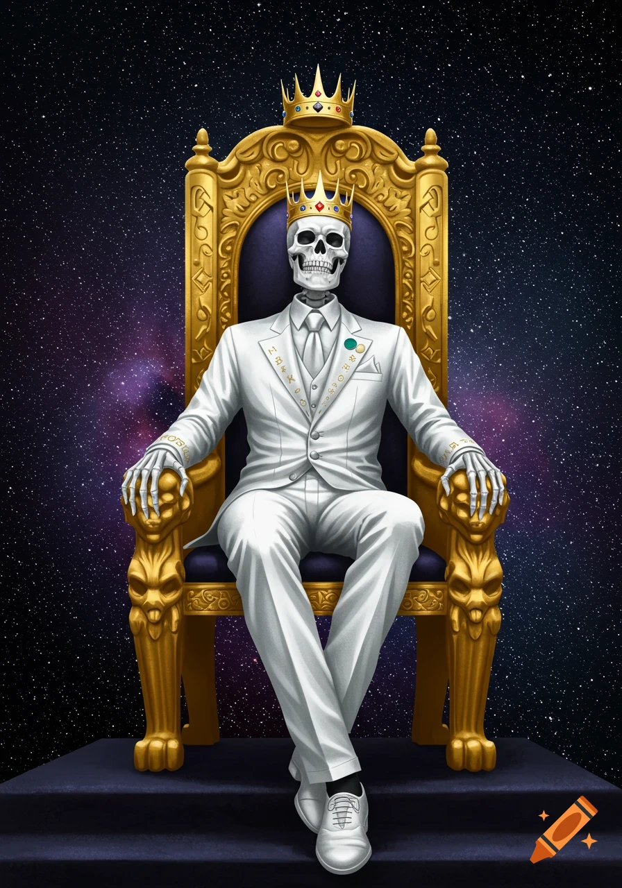A skeleton king in a white suit and two crowns sits majestically on a golden throne against a starry cosmic background.