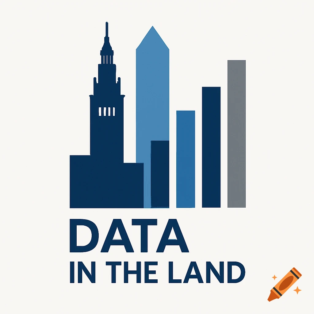 Minimalist logo of a navy blue and light blue cityscape transforming into a data bar chart with text 'DATA IN THE LAND'.