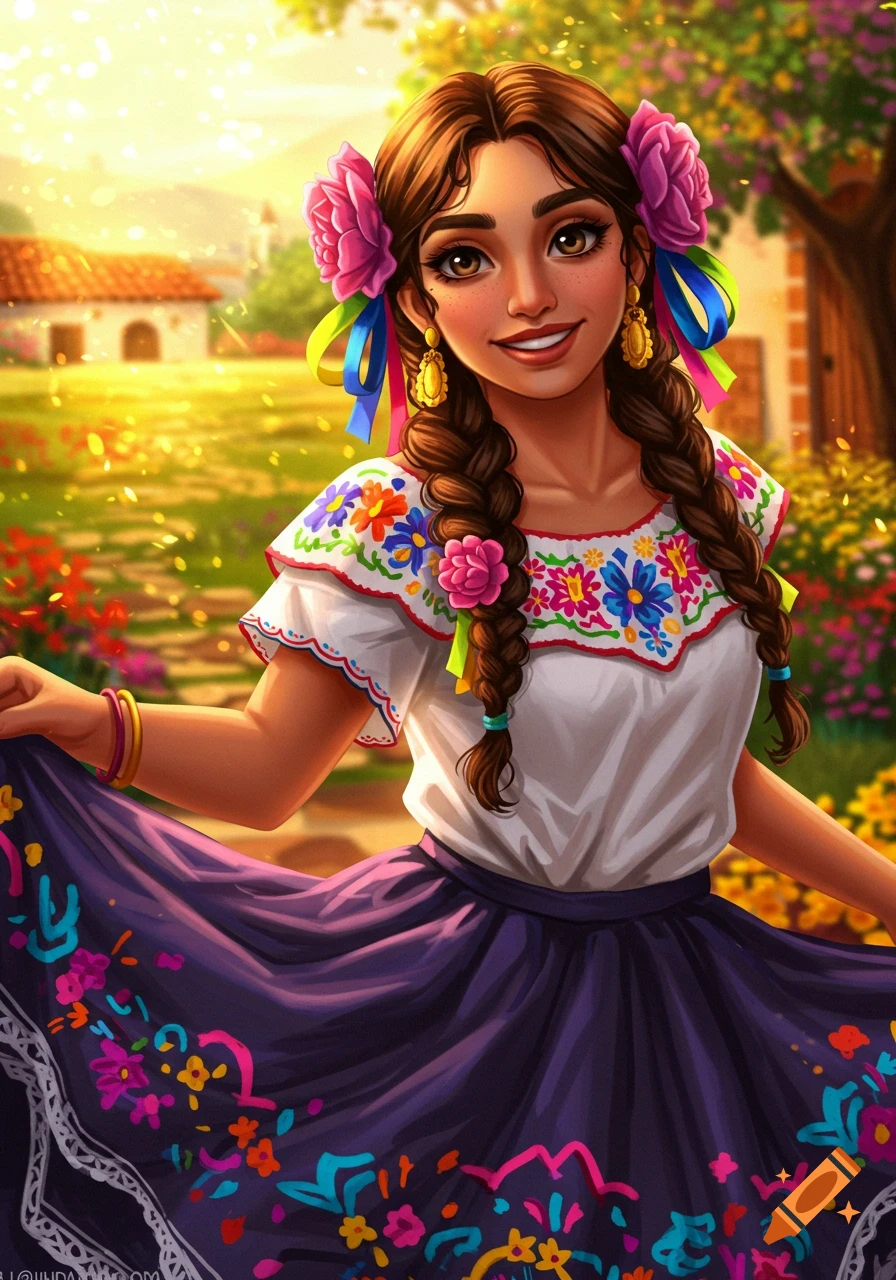 A vibrant illustration of a young woman in traditional Mexican attire, smiling in a sunny outdoor setting.