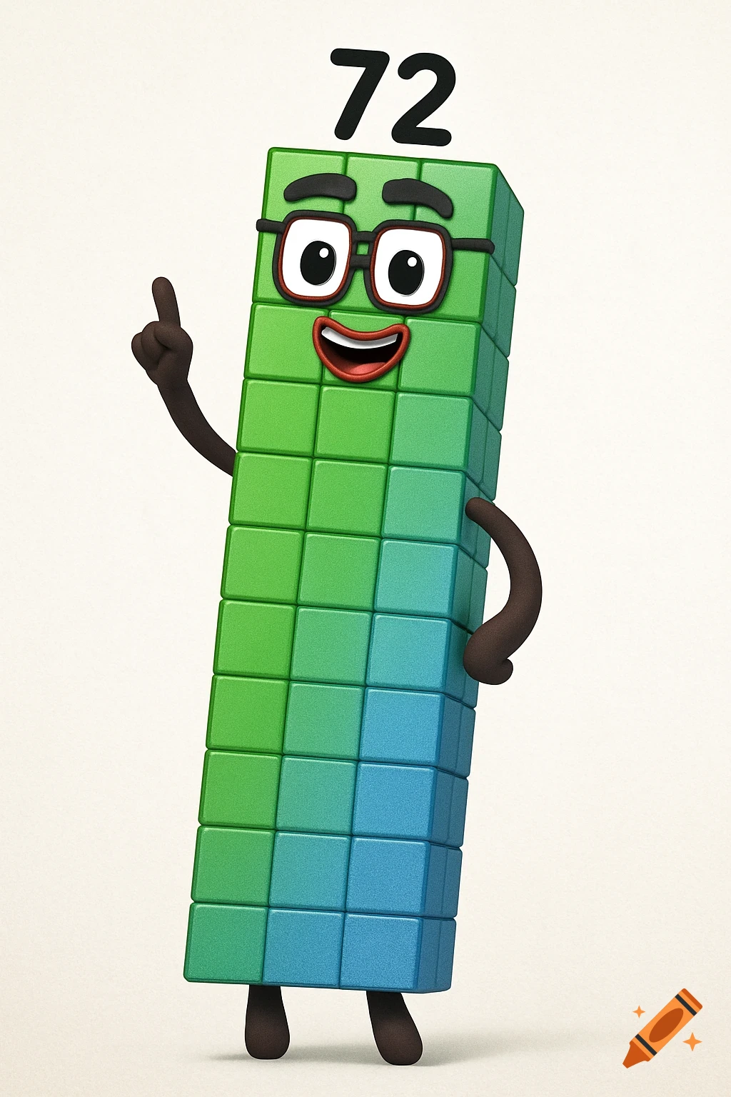 A green and blue block character with a face, arms, and legs, featuring the number 72 above its head, standing on a white background.