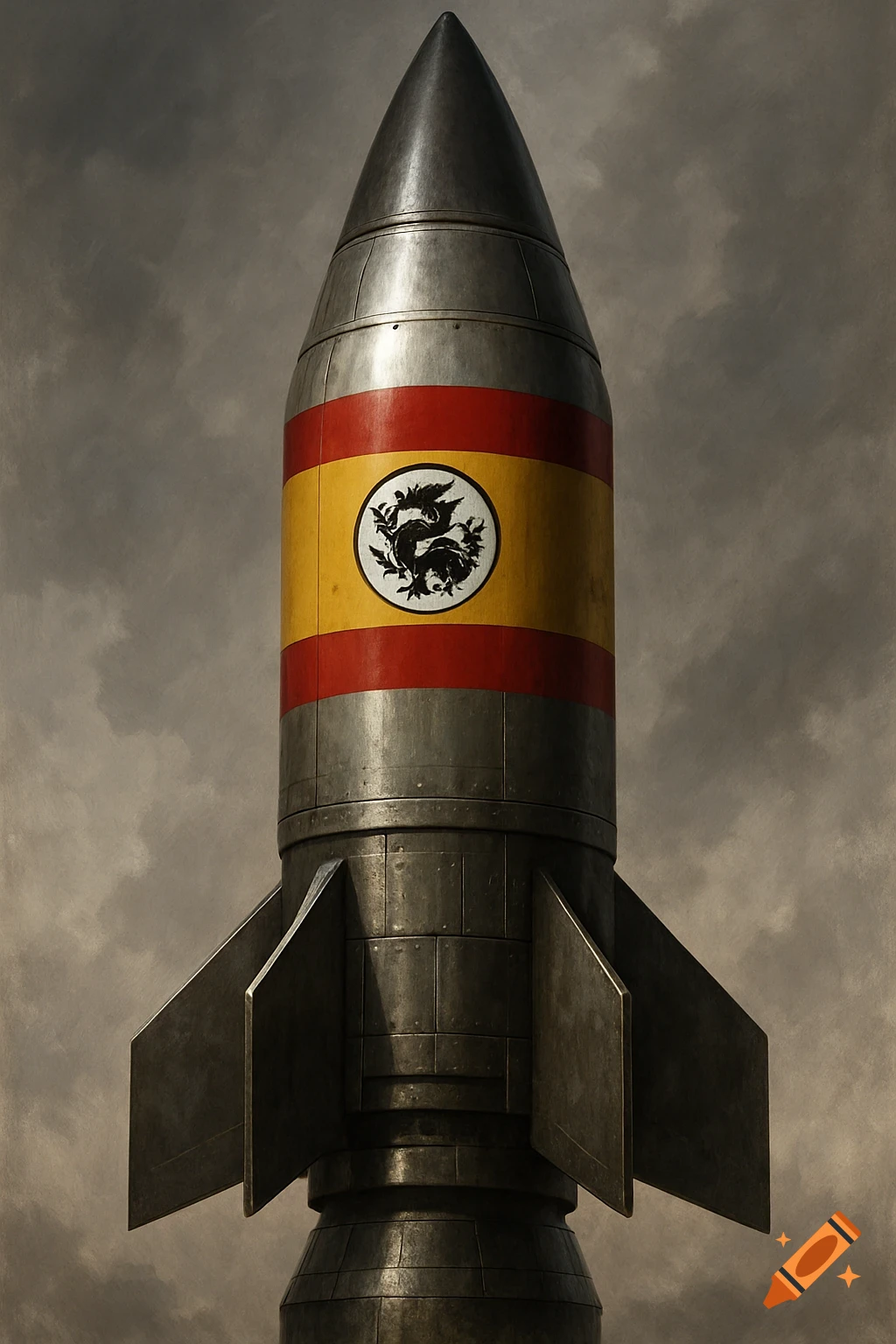 A large grey missile with a red and yellow band featuring a dark circular emblem with a creature design, set against a cloudy sky.