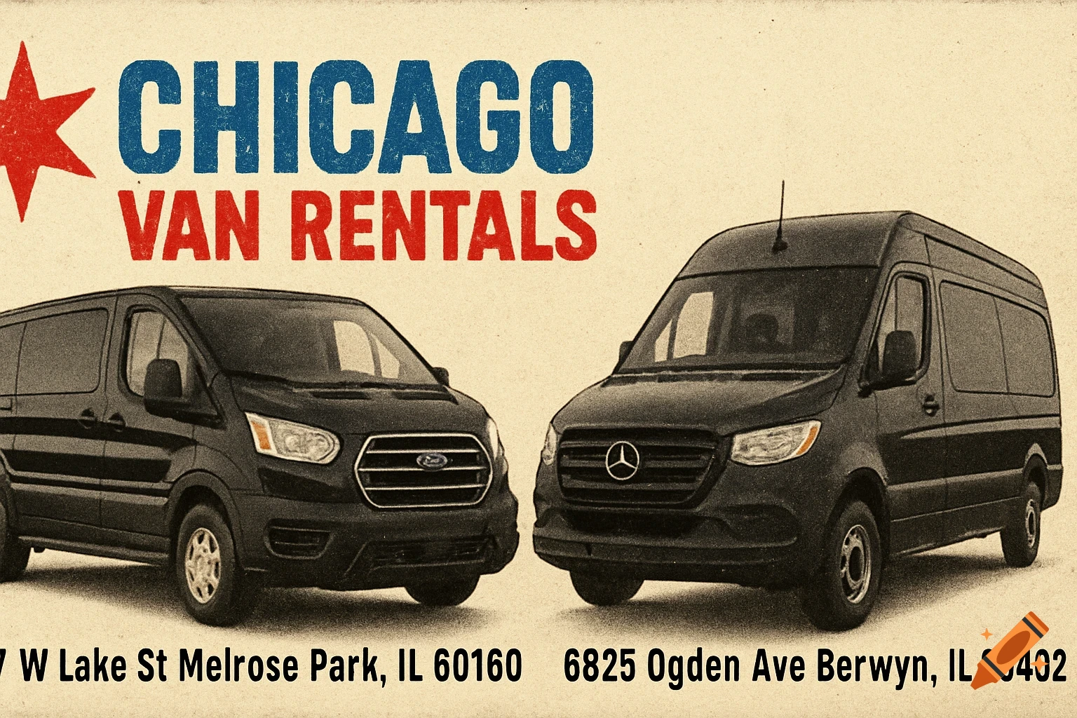 An advertisement for Chicago Van Rentals showing two black vans, a Ford Transit and a Mercedes-Benz Sprinter, with rental addresses.